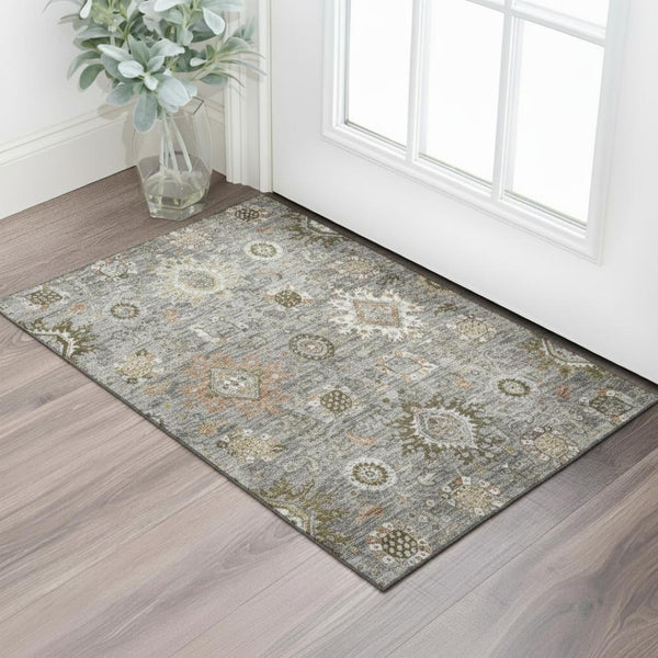 HomeRoots 5' X 8' Washable Pewter Copper Beige Oriental Area Rug with UV Protection, Stain-Resistant Design 708345