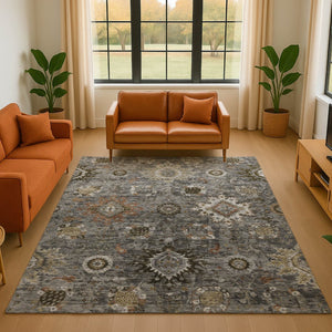 HomeRoots 5' X 8' Washable Pewter Copper Beige Oriental Area Rug with UV Protection, Stain-Resistant Design 708345