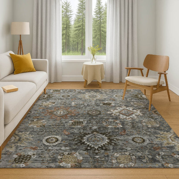 HomeRoots 5' X 8' Washable Pewter Copper Beige Oriental Area Rug with UV Protection, Stain-Resistant Design 708345