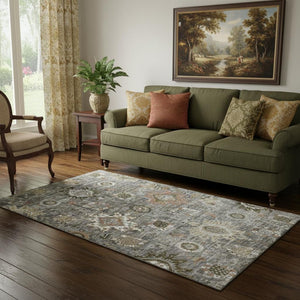 HomeRoots 8' Elegant Washable Oriental Rug in Pewter, Copper & Beige with UV Protection for Family Homes 708346