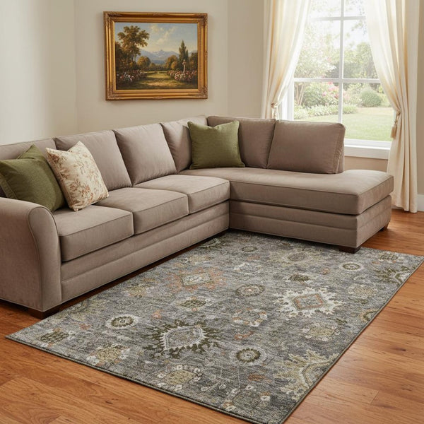 HomeRoots 9' X 12' Pewter Copper Beige Oriental Washable Area Rug - Stain Resistant, UV Protected, Durable Design 708348