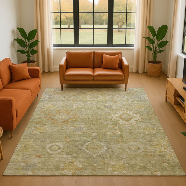 HomeRoots 9' X 12' Sage Copper and Ivory Oriental Area Rug – Washable, UV Protected, and Stain Resistant Beauty! 708354