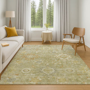 HomeRoots 9' X 12' Sage Copper and Ivory Oriental Area Rug – Washable, UV Protected, and Stain Resistant Beauty! 708354