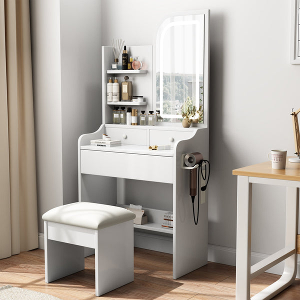 English Elm Fashion Vanity Desk With Lights & Mirror - Elegant Makeup Station With Chair, Hair Dryer Holder, 3 Drawers W509P173273