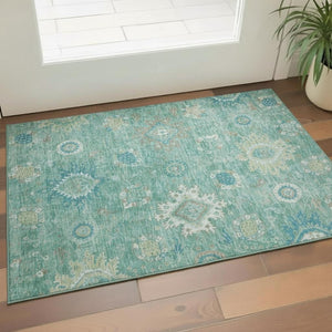 HomeRoots 5' X 8' Teal Copper Ivory Oriental Rug - Washable, UV Protected, Stain Resistant for Family Spaces 708357
