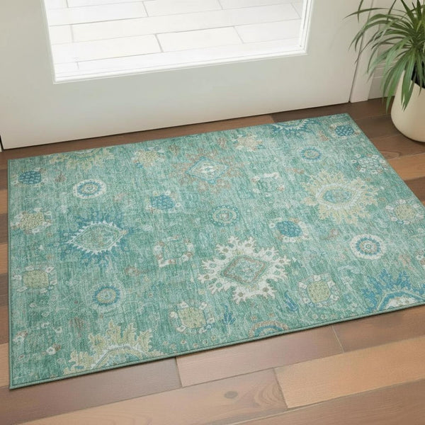 HomeRoots 5' X 8' Teal Copper Ivory Oriental Rug - Washable, UV Protected, Stain Resistant for Family Spaces 708357