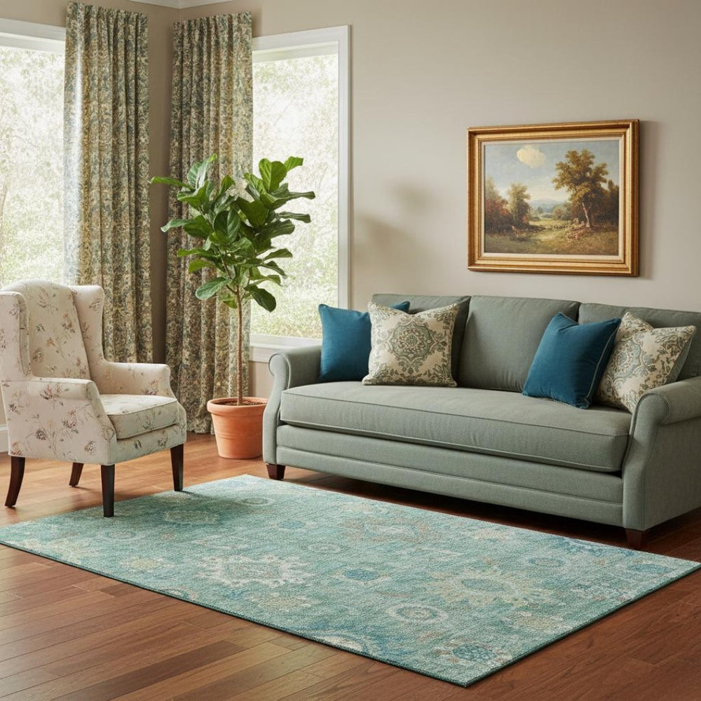 HomeRoots 8' Teal Copper And Ivory Oriental Washable Round Rug - UV Protected, Stain Resistant & Durable Design 708358