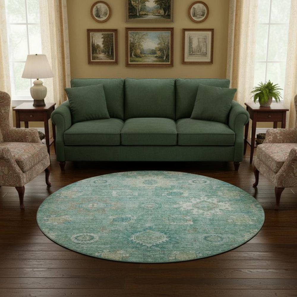HomeRoots 8' X 10' Teal, Copper & Ivory Oriental Rug - Washable, UV Protected, Durable for High-Traffic Areas 708359