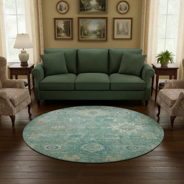 HomeRoots 8' X 10' Teal, Copper & Ivory Oriental Rug - Washable, UV Protected, Durable for High-Traffic Areas 708359