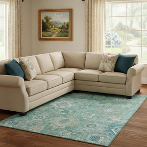 HomeRoots 9' X 12' Teal Copper Ivory Oriental Area Rug - Durable, Washable, UV Protected for Stylish Spaces 708360