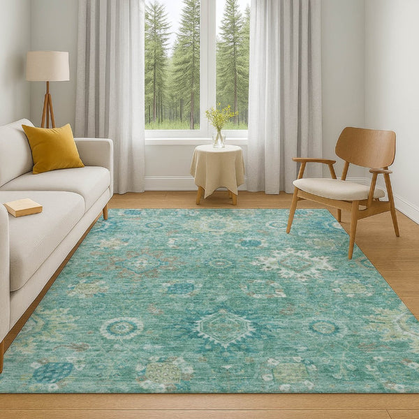 HomeRoots 9' X 12' Teal Copper Ivory Oriental Area Rug - Durable, Washable, UV Protected for Stylish Spaces 708360