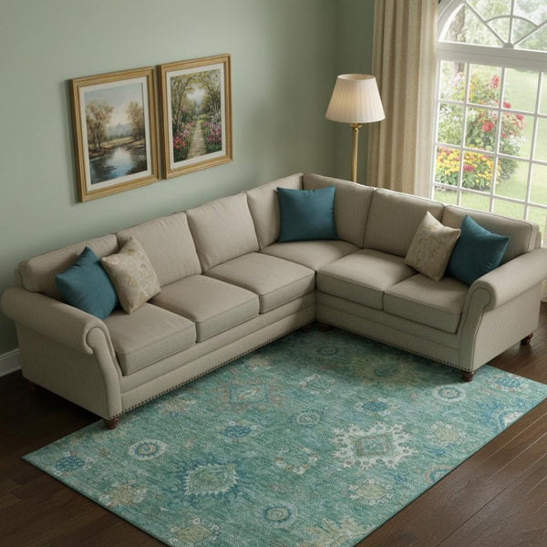 HomeRoots 10' X 14' Teal Copper Ivory Oriental Area Rug - Washable, Non-Slip, UV Protected, Family Friendly 708361