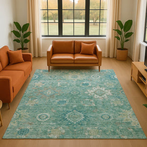 HomeRoots 10' X 14' Teal Copper Ivory Oriental Area Rug - Washable, Non-Slip, UV Protected, Family Friendly 708361