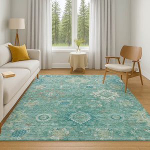 HomeRoots 10' X 14' Teal Copper Ivory Oriental Area Rug - Washable, Non-Slip, UV Protected, Family Friendly 708361