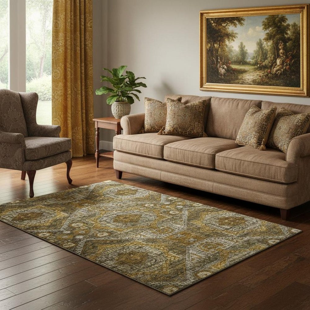 HomeRoots 8' Brown Gold Beige Abstract Round Rug – Washable, UV-Protected, Durable for Homes with Kids & Pets 708364