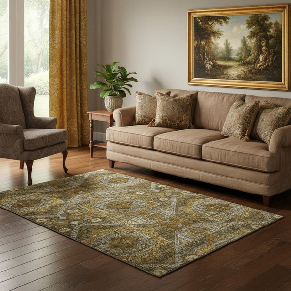 HomeRoots 8' Brown Gold Beige Abstract Round Rug – Washable, UV-Protected, Durable for Homes with Kids & Pets 708364