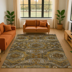 HomeRoots 8' Brown Gold Beige Abstract Round Rug – Washable, UV-Protected, Durable for Homes with Kids & Pets 708364