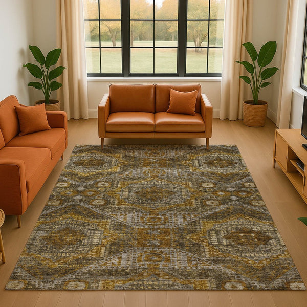 HomeRoots 8' Brown Gold Beige Abstract Round Rug – Washable, UV-Protected, Durable for Homes with Kids & Pets 708364
