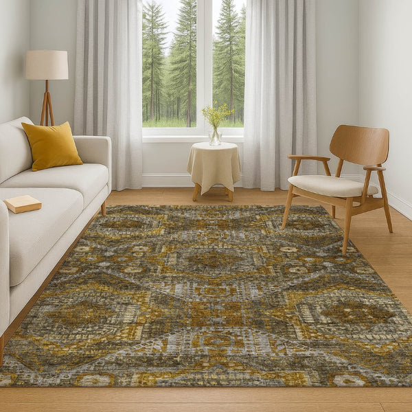 HomeRoots 8' Brown Gold Beige Abstract Round Rug – Washable, UV-Protected, Durable for Homes with Kids & Pets 708364
