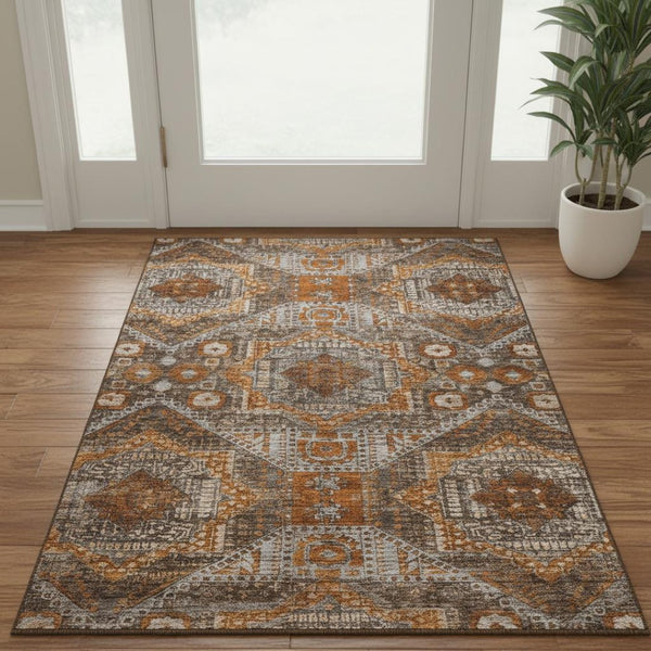 HomeRoots 5' X 8' Abstract Geometric Area Rug in Copper, Rust & Beige - Washable, UV-Protected, Non-Slip Design 708369