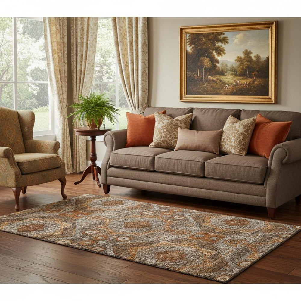 HomeRoots 8' Copper Rust Beige Abstract Geometric Round Rug - Durable, Washable, UV Protection for Homes 708370