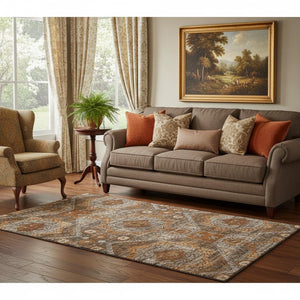 HomeRoots 8' Copper Rust Beige Abstract Geometric Round Rug - Durable, Washable, UV Protection for Homes 708370