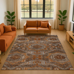 HomeRoots 8' Copper Rust Beige Abstract Geometric Round Rug - Durable, Washable, UV Protection for Homes 708370