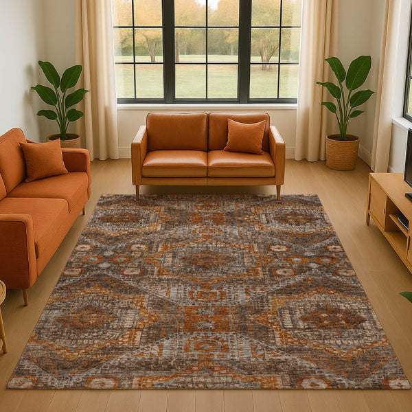 HomeRoots 8' Copper Rust Beige Abstract Geometric Round Rug - Durable, Washable, UV Protection for Homes 708370