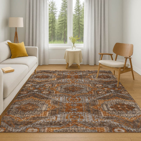 HomeRoots 8' Copper Rust Beige Abstract Geometric Round Rug - Durable, Washable, UV Protection for Homes 708370