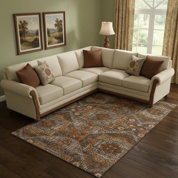 HomeRoots 10' X 14' Abstract Geometric Area Rug in Copper Rust & Beige – Stain-Resistant, UV-Protected, Washable 708373