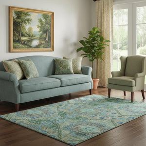 HomeRoots 8' Washable Round Rug in Green, Blue & Beige - Abstract Geometric Design with UV Protection & Non-Slip Backing 708376