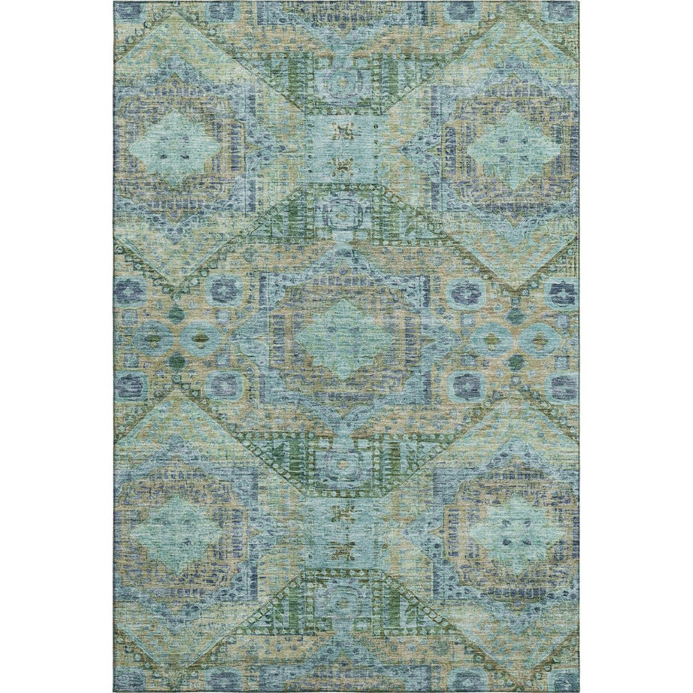 HomeRoots 8' Washable Round Rug in Green, Blue & Beige - Abstract Geometric Design with UV Protection & Non-Slip Backing 708376