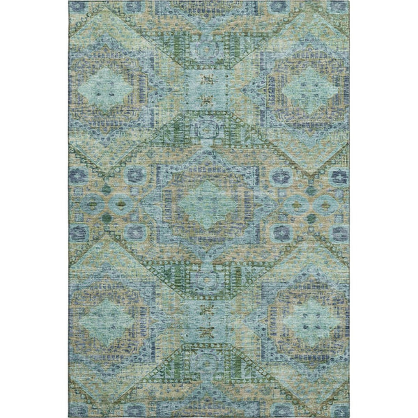 HomeRoots 8' Washable Round Rug in Green, Blue & Beige - Abstract Geometric Design with UV Protection & Non-Slip Backing 708376