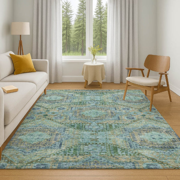 HomeRoots 8' Washable Round Rug in Green, Blue & Beige - Abstract Geometric Design with UV Protection & Non-Slip Backing 708376