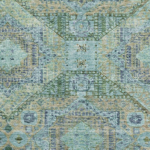 HomeRoots 8' Washable Round Rug in Green, Blue & Beige - Abstract Geometric Design with UV Protection & Non-Slip Backing 708376