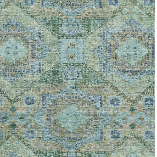 HomeRoots 8' Washable Round Rug in Green, Blue & Beige - Abstract Geometric Design with UV Protection & Non-Slip Backing 708376
