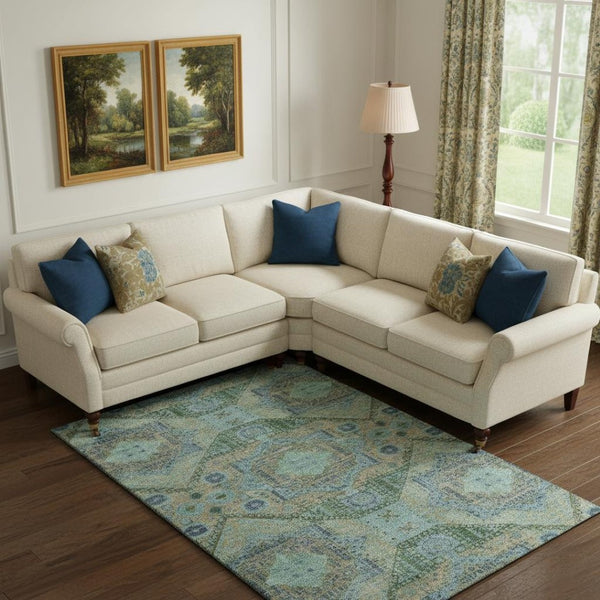 HomeRoots 10' Abstract Geometric Washable Area Rug in Green, Blue & Beige - UV Protected & Family-Friendly! 708379