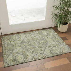 HomeRoots 5' X 8' Khaki Beige & Gray Geometric Area Rug - Washable, UV Protected, Stain-Resistant Comfort 708381