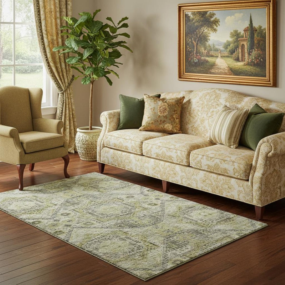 HomeRoots 8' Khaki Beige & Gray Round Rug – Washable, UV-Protected, Abstract Geometric Design for Modern Spaces 708382