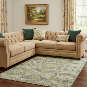HomeRoots 9' X 12' Abstract Geometric Washable Area Rug in Khaki Beige & Gray – Stain-Resistant & UV-Protected! 708384