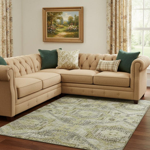 HomeRoots 9' X 12' Abstract Geometric Washable Area Rug in Khaki Beige & Gray – Stain-Resistant & UV-Protected! 708384