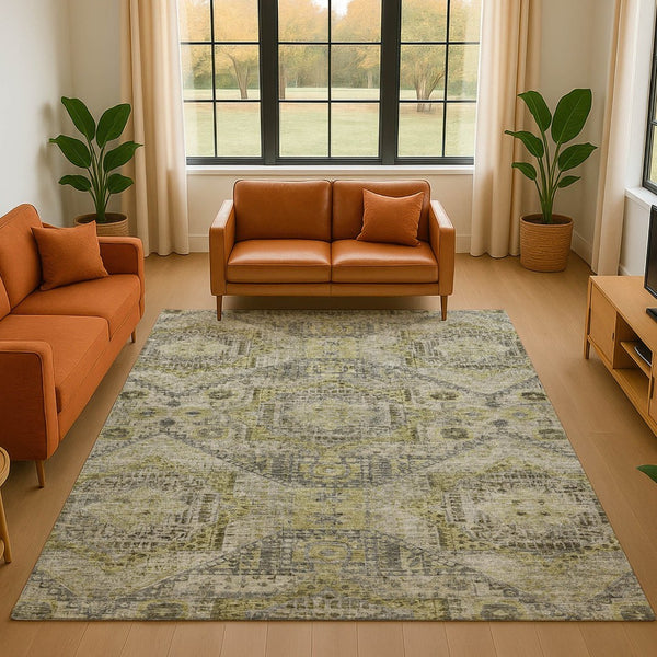 HomeRoots 10' Khaki Beige & Gray Abstract Geometric Area Rug - Durable, Washable, UV Protected for Modern Spaces 708385