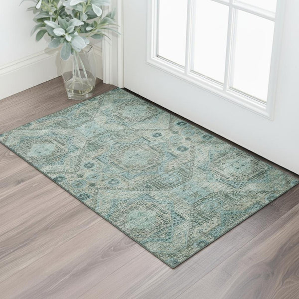 HomeRoots 5' X 8' Sage and Blue Abstract Geometric Area Rug – Washable, UV Protected, Durable for High-Traffic Areas 708387