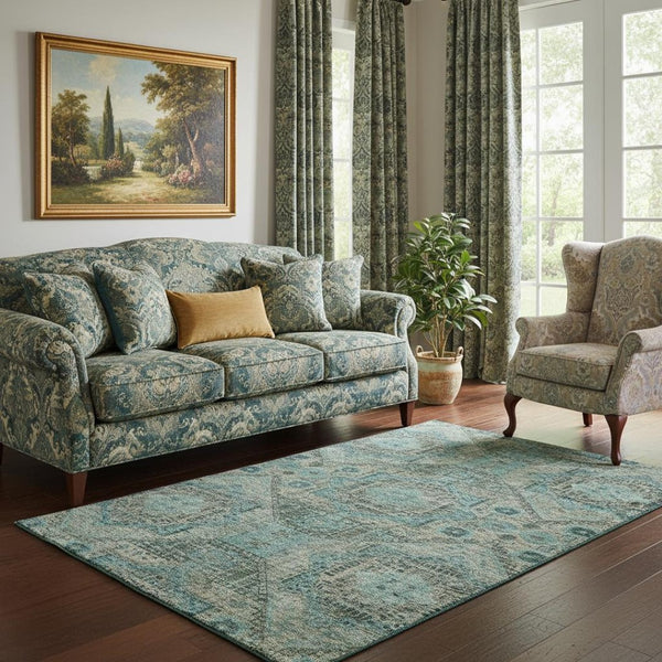 HomeRoots 8' Sage and Blue Abstract Geometric Round Rug – Washable, UV-Protected, Non-Slip for Stylish Spaces 708388