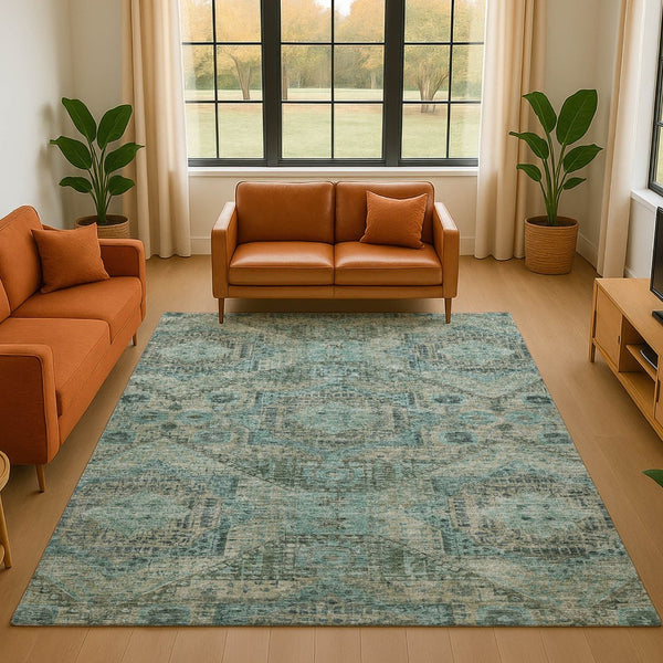 HomeRoots 8' Sage and Blue Abstract Geometric Round Rug – Washable, UV-Protected, Non-Slip for Stylish Spaces 708388