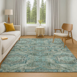 HomeRoots 8' Sage and Blue Abstract Geometric Round Rug – Washable, UV-Protected, Non-Slip for Stylish Spaces 708388