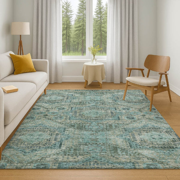 HomeRoots 8' Sage and Blue Abstract Geometric Round Rug – Washable, UV-Protected, Non-Slip for Stylish Spaces 708388