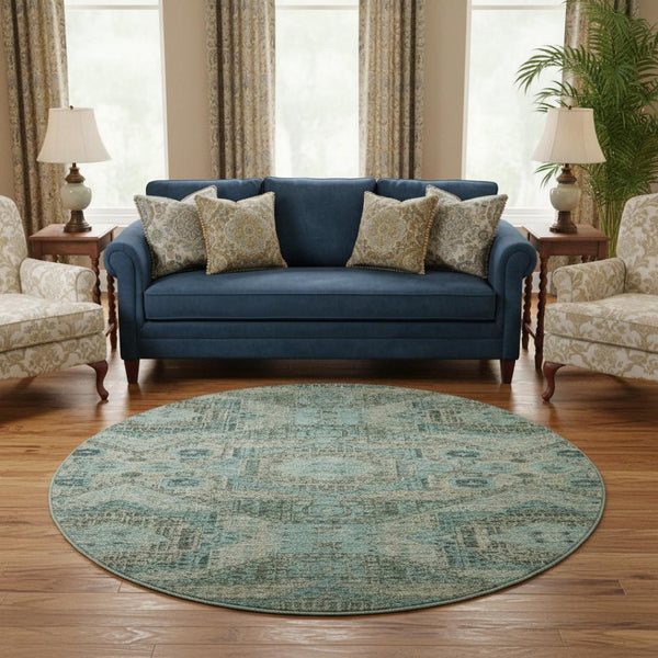 HomeRoots 8' X 10' Sage and Blue Geometric Washable Area Rug - Durable, UV-Protected, Perfect for Homes with Kids! 708389
