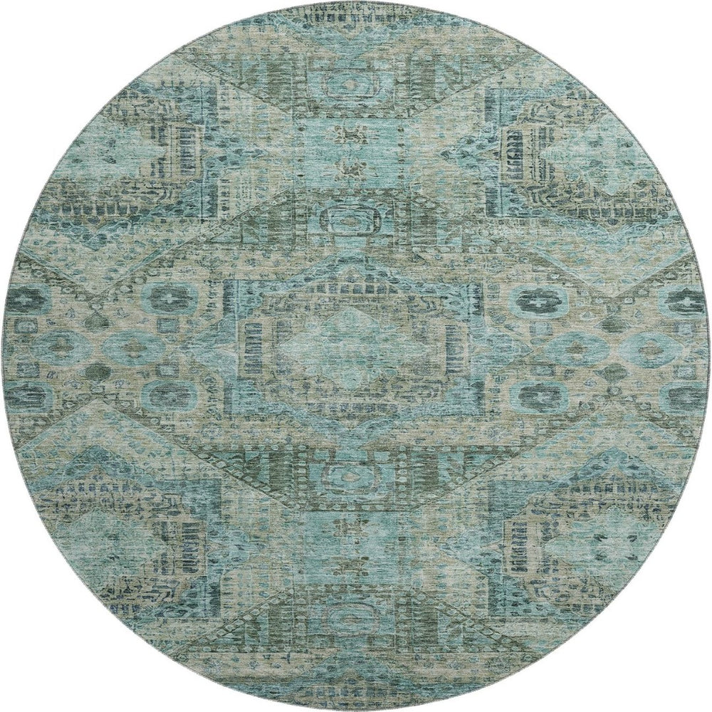 HomeRoots 8' X 10' Sage and Blue Geometric Washable Area Rug - Durable, UV-Protected, Perfect for Homes with Kids! 708389