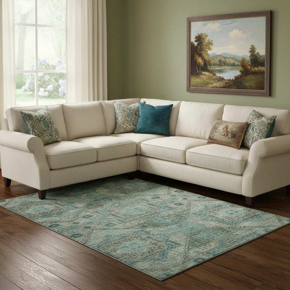 HomeRoots 9' X 12' Sage & Blue Abstract Geometric Area Rug - Durable, Washable, UV-Protected for Family Spaces 708390